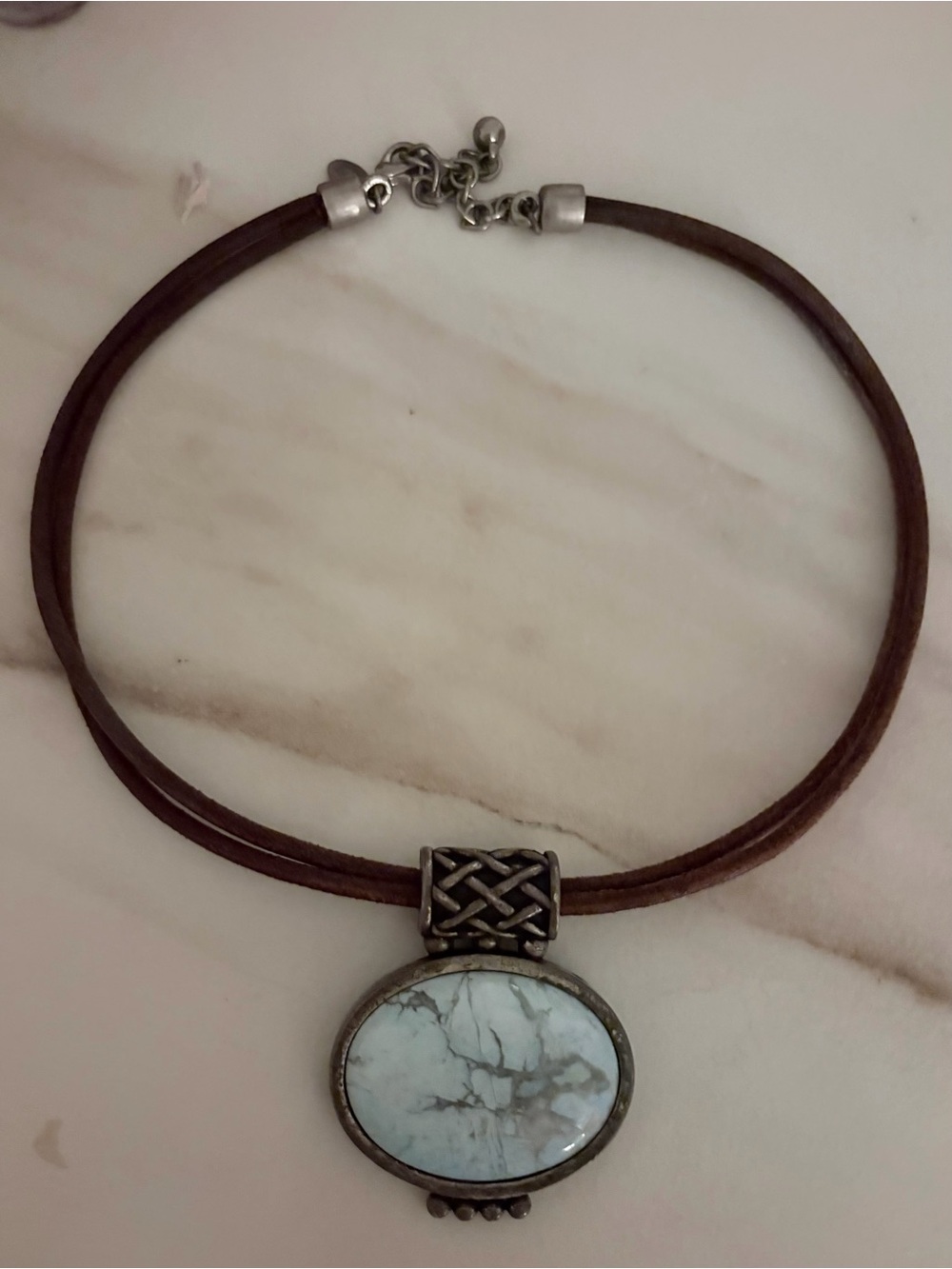 White Howlite Pendant Necklace with Brown Leather Cord